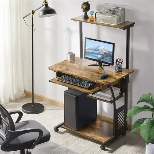 Bureau Informatique Avec 3 Tablettes De Rangement Table Ordinateur 80 X 50 X 132 Cm Marron Rustique