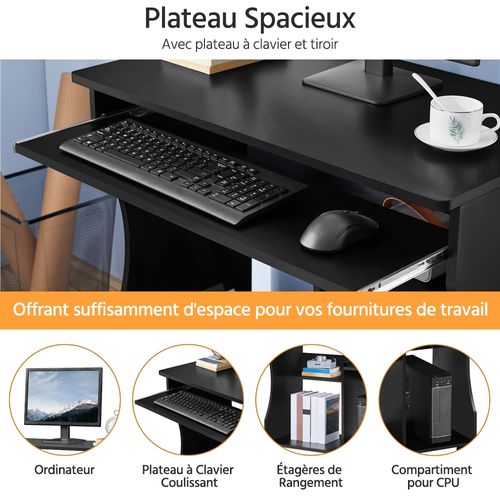 Meuble Bureau Droit Informatique Pour Ordinateur à Roulettes Noir