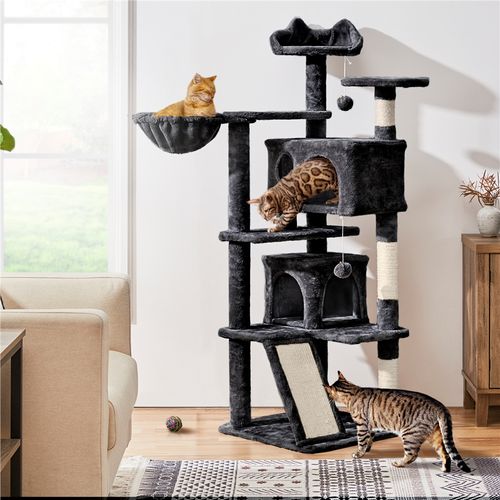 Arbre à Chat Panier Perchoirs Rampe Poteaux En Sisal Boule Suspendue Noir