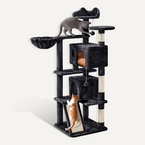 Arbre à Chat Panier Perchoirs Rampe Poteaux En Sisal Boule Suspendue Noir