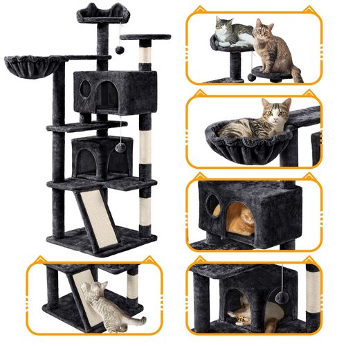 Arbre à Chat Panier Perchoirs Rampe Poteaux En Sisal Boule Suspendue Noir