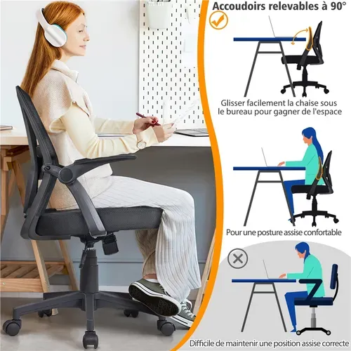 Chaise De Bureau Fauteuil De Bureau Hauteur Réglable à Roulettes Pivotantes Noir
