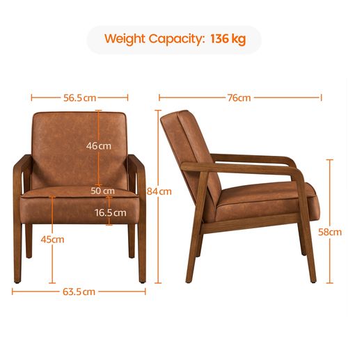 Fauteuil De Salon Moderne Du Milieu Du Siècle Chaise D’appoint En Similicuir Cadre Métal Marron