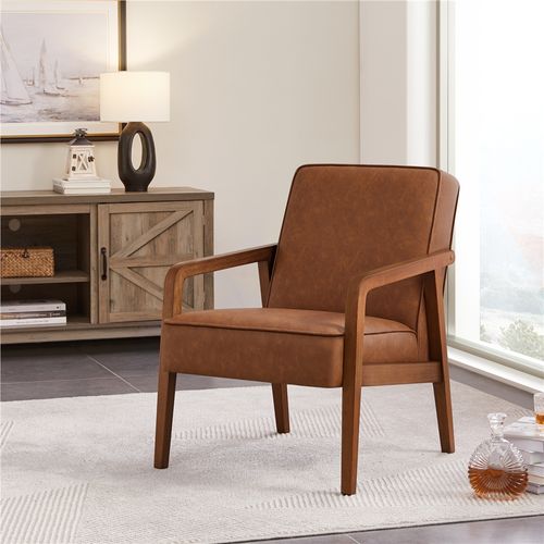 Fauteuil De Salon Moderne Du Milieu Du Siècle Chaise D’appoint En Similicuir Cadre Métal Marron
