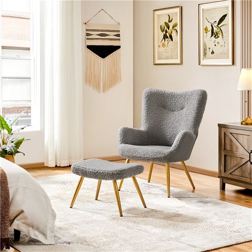 Fauteuil à Oreilles Avec Tabouret En Polyester Gris