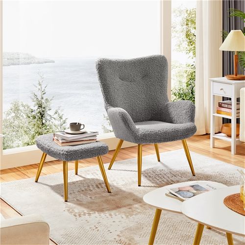 Fauteuil à Oreilles Avec Tabouret En Polyester Gris