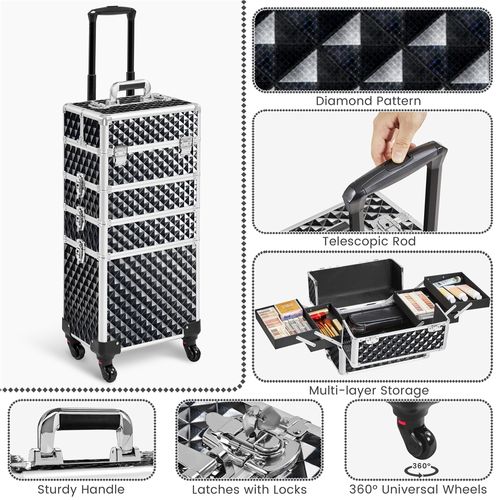 Grande Valise Maquillage 4 En 1 Avec Roulettes Et Poignée Télescopique, Noir Scintillant