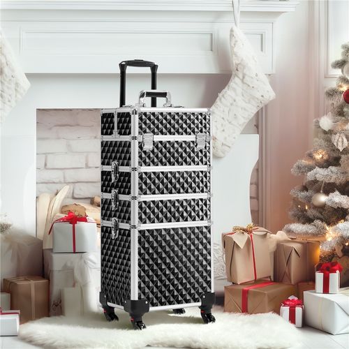 Grande Valise Maquillage 4 En 1 Avec Roulettes Et Poignée Télescopique, Noir Scintillant