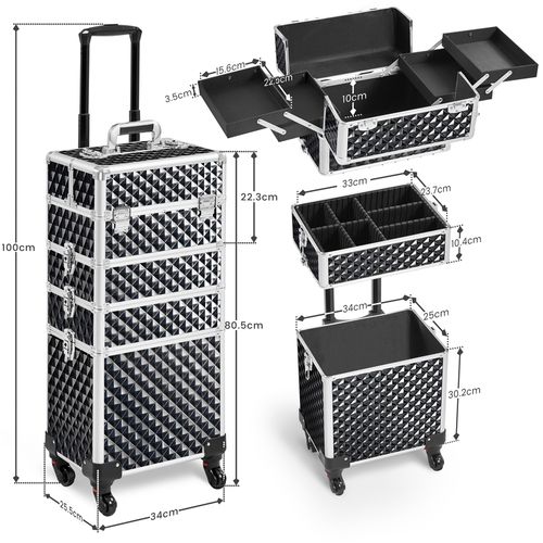 Grande Valise Maquillage 4 En 1 Avec Roulettes Et Poignée Télescopique, Noir Scintillant