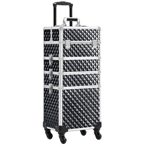 Grande Valise Maquillage 4 En 1 Avec Roulettes Et Poignée Télescopique, Noir Scintillant