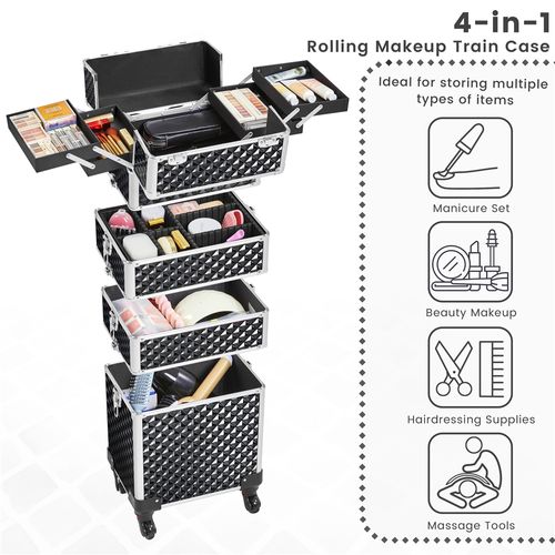 Grande Valise Maquillage 4 En 1 Avec Roulettes Et Poignée Télescopique, Noir Scintillant