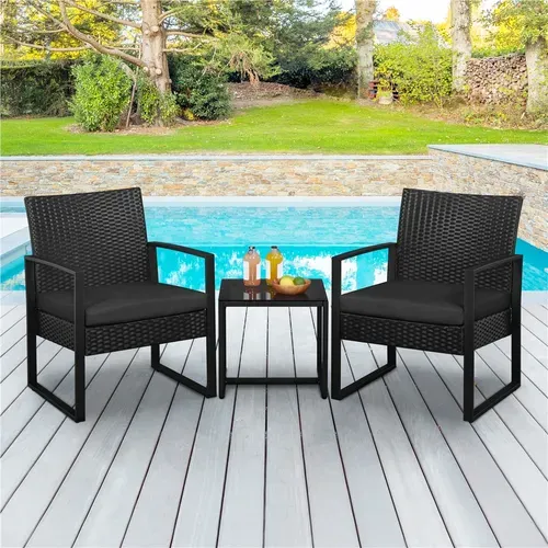 Ensemble Mobilier De Jardin En Rotin Polyester Et Métal 1 Table Basse Et 2 Fauteuils, Noir