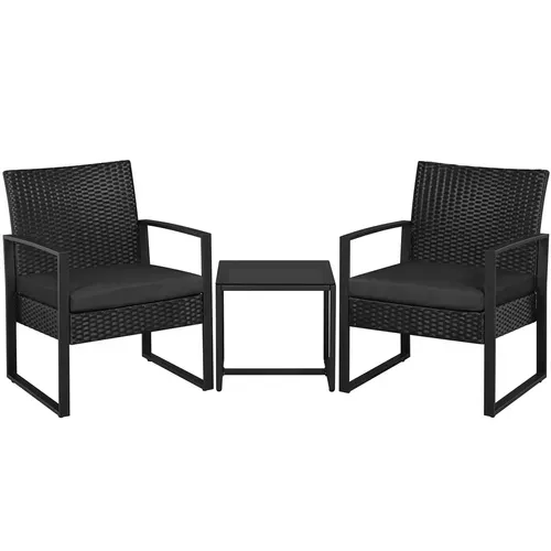 Ensemble Mobilier De Jardin En Rotin Polyester Et Métal 1 Table Basse Et 2 Fauteuils, Noir