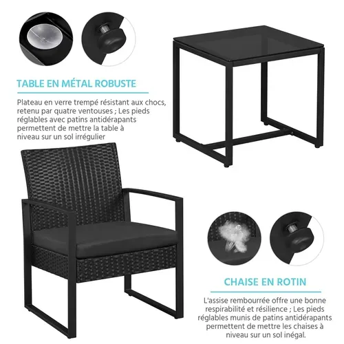 Ensemble Mobilier De Jardin En Rotin Polyester Et Métal 1 Table Basse Et 2 Fauteuils, Noir