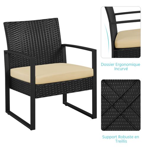 Ensemble Mobilier De Jardin 3 Pièces En Rotin Avec Table Basse Et 2 Fauteuils, Noir/kaki