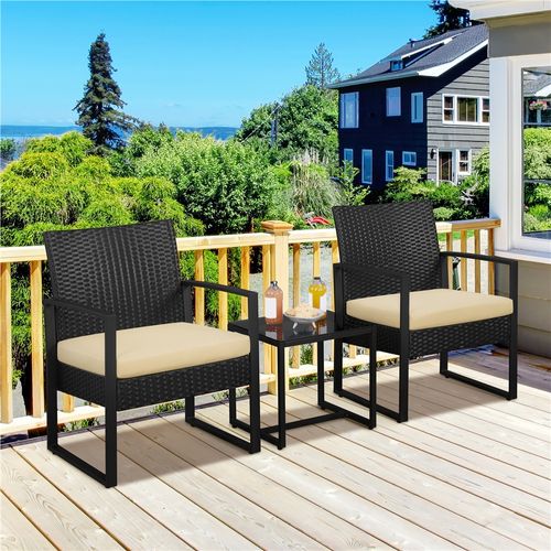 Ensemble Mobilier De Jardin 3 Pièces En Rotin Avec Table Basse Et 2 Fauteuils, Noir/kaki