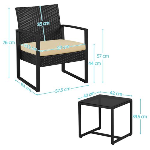 Ensemble Mobilier De Jardin 3 Pièces En Rotin Avec Table Basse Et 2 Fauteuils, Noir/kaki