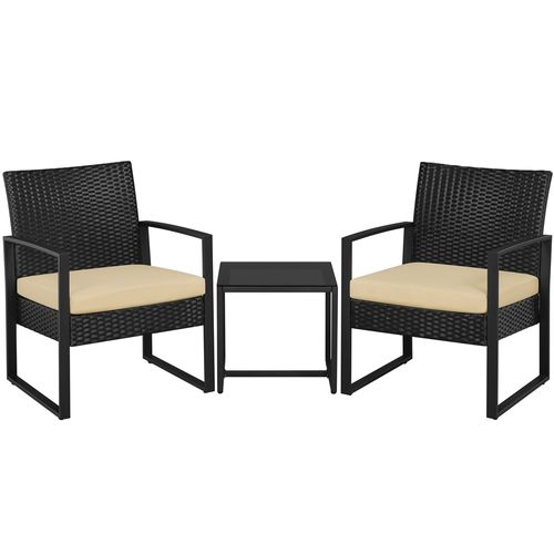 Ensemble Mobilier De Jardin 3 Pièces En Rotin Avec Table Basse Et 2 Fauteuils, Noir/kaki