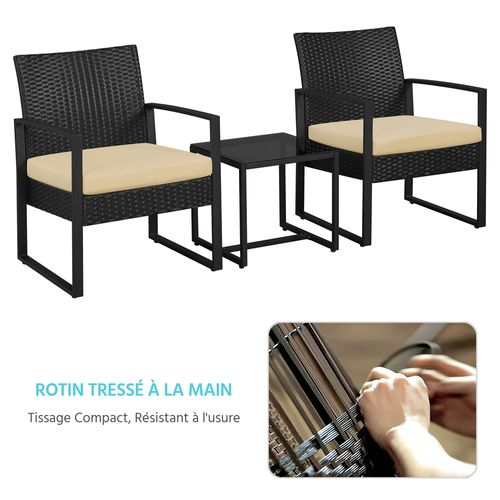 Ensemble Mobilier De Jardin 3 Pièces En Rotin Avec Table Basse Et 2 Fauteuils, Noir/kaki