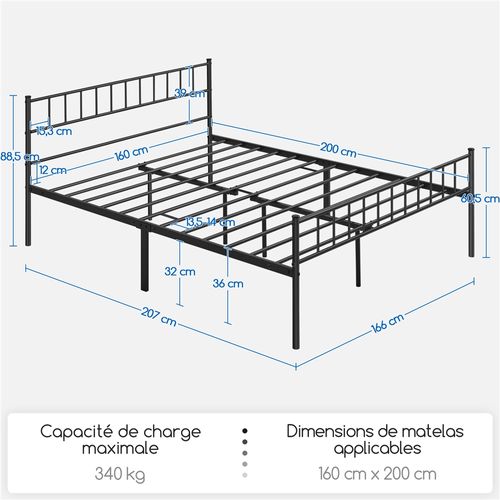 Cadre De Lit Double 160×200 Cm Avec Sommier à Lattes Surface De Couchage, King Size Noir