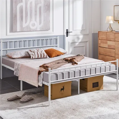 Cadre De Lit Double 160×200 Cm Avec Sommier à Lattes Surface De Couchage, Queen Size Blanc