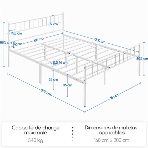 Cadre De Lit Double 160×200 Cm Avec Sommier à Lattes Surface De Couchage, Queen Size Blanc