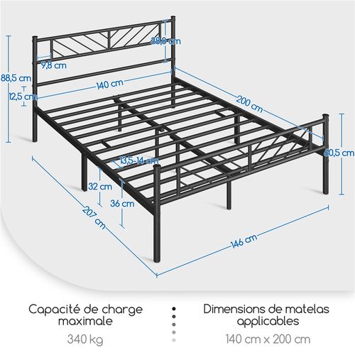 Cadre De Lit Double 140×200 Cm En Métal Avec Tête De Lit Design V Et Lattes De Support, Noir