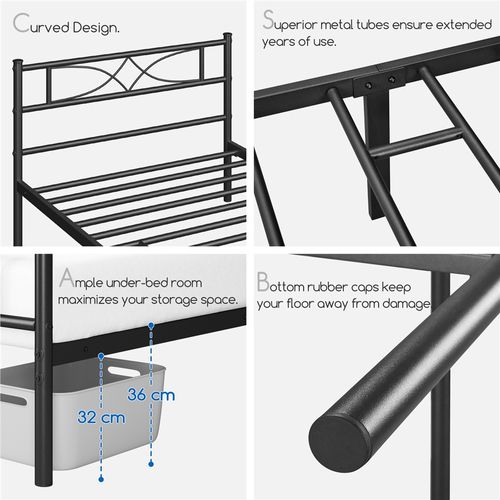 Cadre De Lit Simple En Métal Avec Tête De Lit Et Lattes Pieds De Support, 90×200 Cm Noir
