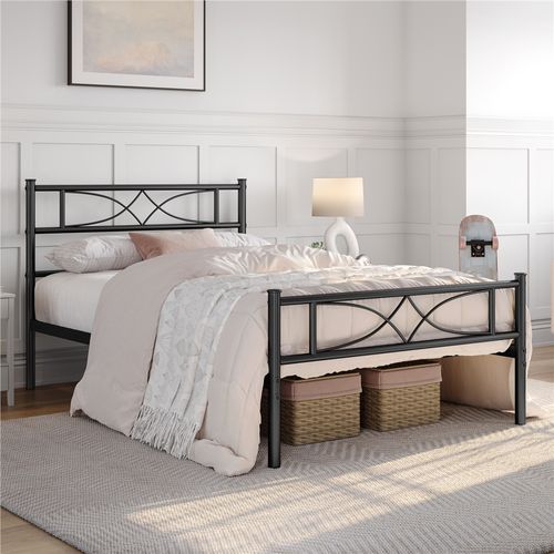 Cadre De Lit Simple En Métal Avec Tête De Lit Et Lattes Pieds De Support, 90×200 Cm Noir