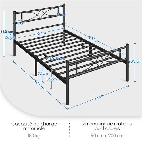 Cadre De Lit Simple En Métal Avec Tête De Lit Et Lattes Pieds De Support, 90×200 Cm Noir