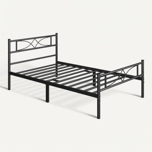 Cadre De Lit Simple En Métal Avec Tête De Lit Et Lattes Pieds De Support, 90×200 Cm Noir