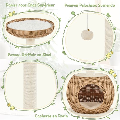 Arbre à Chat En Rotin Avec Cachette Ronde Panier Supérieur Griffoir En Sisal, Beige