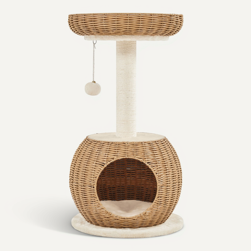 Arbre à Chat En Rotin Avec Cachette Ronde Panier Supérieur Griffoir En Sisal, Beige