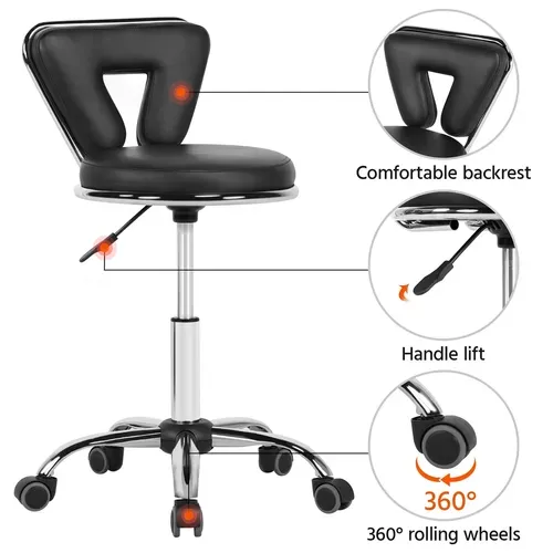 Tabouret de Bureau Chaise dactylo En Similicuir Et Métal Avec Assise Réglable Et Roulettes, Noir