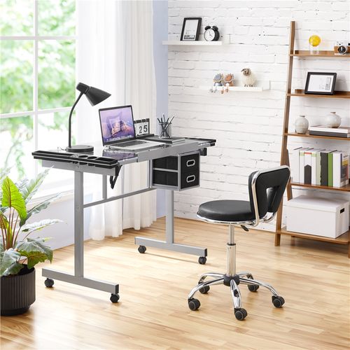 Tabouret de Bureau Chaise dactylo En Similicuir Et Métal Avec Assise Réglable Et Roulettes, Noir
