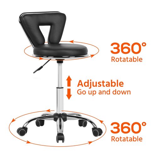 Tabouret de Bureau Chaise dactylo En Similicuir Et Métal Avec Assise Réglable Et Roulettes, Noir