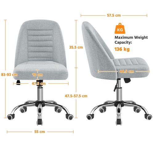 Chaise De Bureau En Tissu Effet Lin Avec Roulettes Et Hauteur D'assise Réglable, Gris Clair