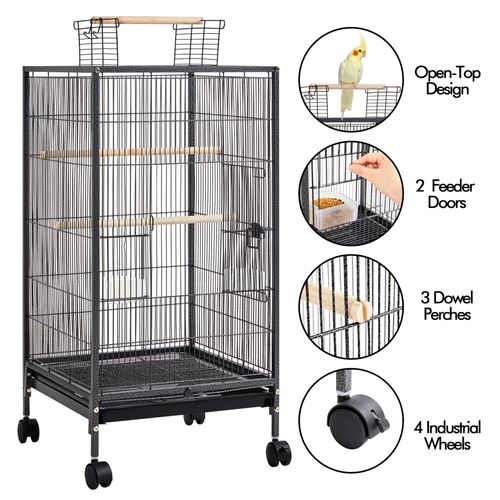 Cage à Oiseaux Sur Pied En Métal Avec Roulettes Et Fond Amovible, Noir