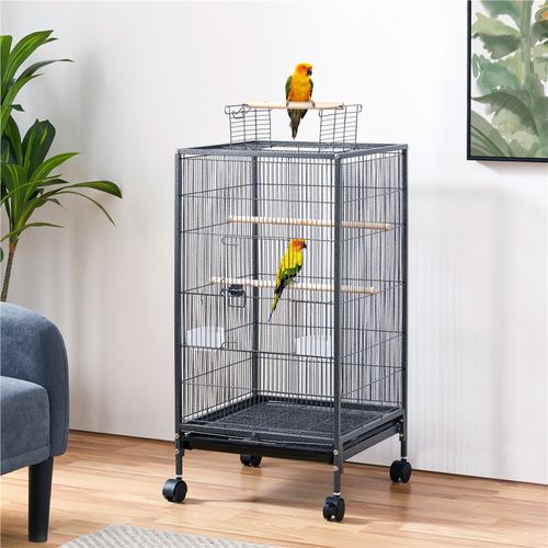 Cage à Oiseaux Sur Pied En Métal Avec Roulettes Et Fond Amovible, Noir