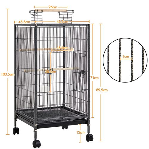 Cage à Oiseaux Sur Pied En Métal Avec Roulettes Et Fond Amovible, Noir