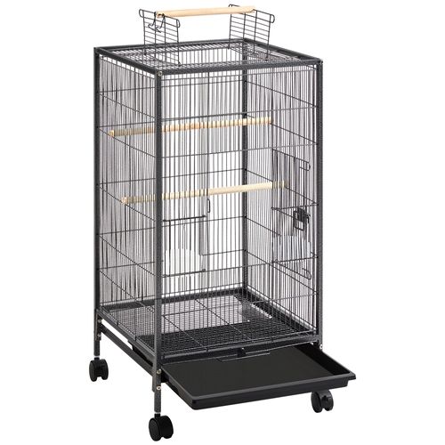 Cage à Oiseaux Sur Pied En Métal Avec Roulettes Et Fond Amovible, Noir