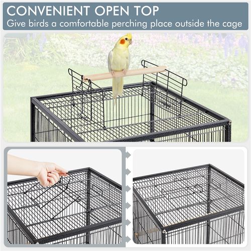 Cage à Oiseaux Sur Pied En Métal Avec Roulettes Et Fond Amovible, Noir