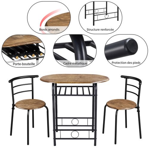 Ensemble Table Et 2 Chaises Mdf Avec Porte-bouteilles Et Étagère De Rangement Brun Clair
