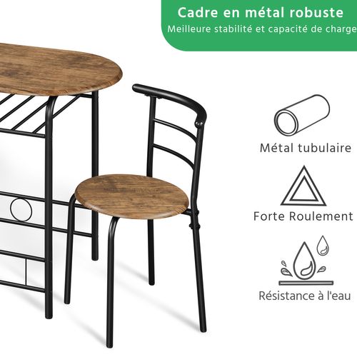 Ensemble Table Et 2 Chaises Mdf Avec Porte-bouteilles Et Étagère De Rangement Brun Clair