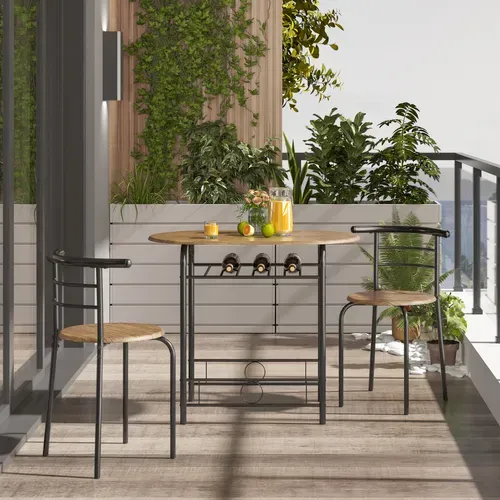 Ensemble Table Et 2 Chaises Mdf Avec Porte-bouteilles Et Étagère De Rangement Brun Clair