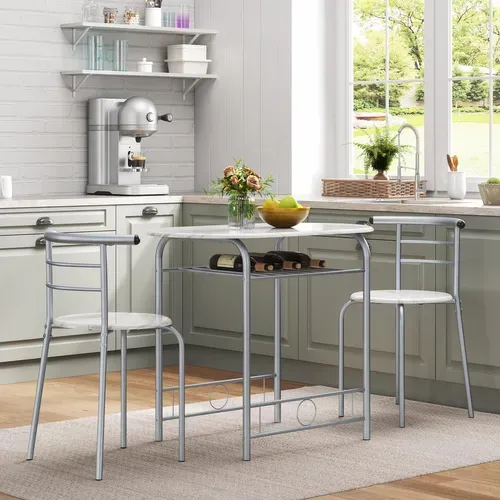 Ensemble Table Et 2 Chaises Mdf Avec Porte-bouteilles Et Étagère De Rangement Blanc