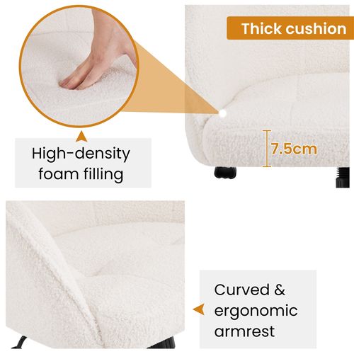 Chaise De Bureau En Tissu Bouclette Avec Roulettes Et Hauteur D'assise Réglable, Ivoire