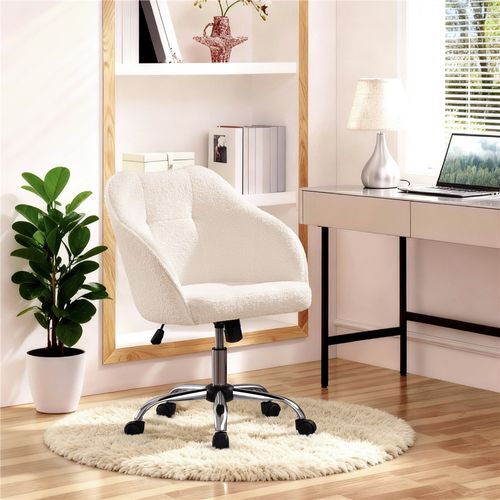 Chaise De Bureau En Tissu Bouclette Avec Roulettes Et Hauteur D'assise Réglable, Ivoire