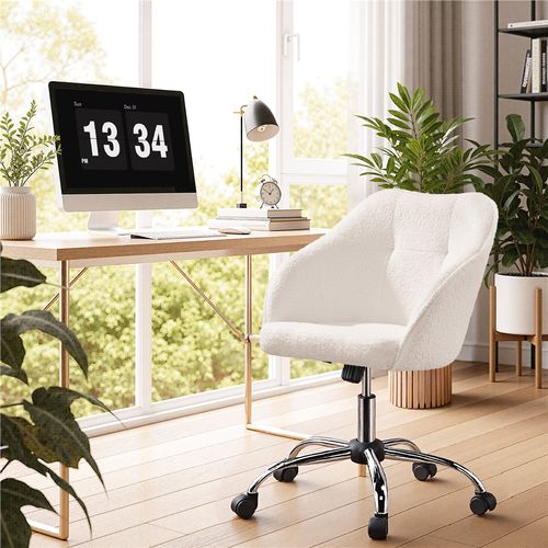 Chaise De Bureau En Tissu Bouclette Avec Roulettes Et Hauteur D'assise Réglable, Ivoire