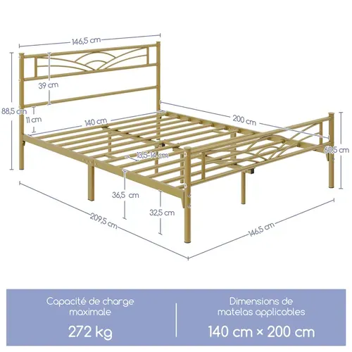 Cadre De Lit Double 140×200 Cm En Métal à 6 Pieds Avec Lattes En Métal, Or Antique
